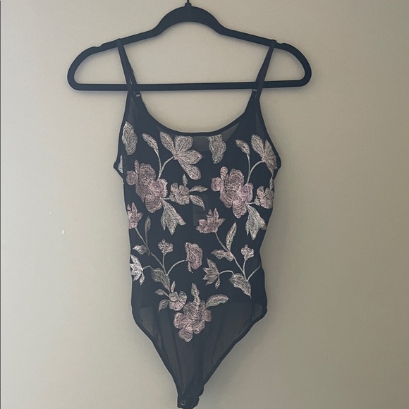 Express Tops - Express Black Bodysuit with Pink and Silver Embroidery